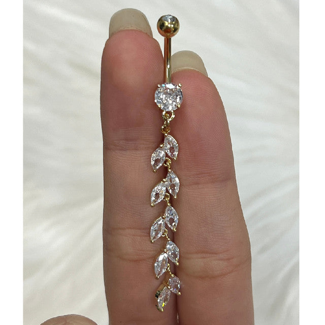 Surgical Steel Double Jeweled Belly Button Ring With Vertical Drop Marquise CZ Petals Navel Rings Skin Metals