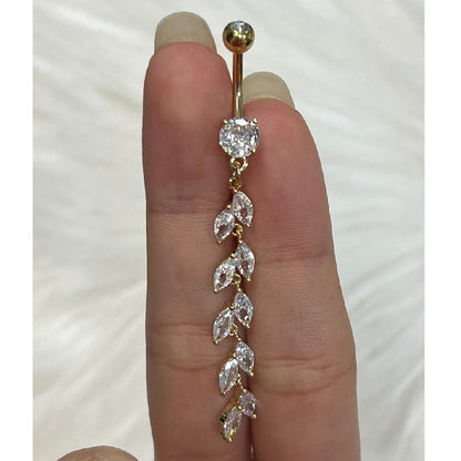 Surgical Steel Double Jeweled Belly Button Ring With Vertical Drop Marquise CZ Petals Navel Rings Skin Metals