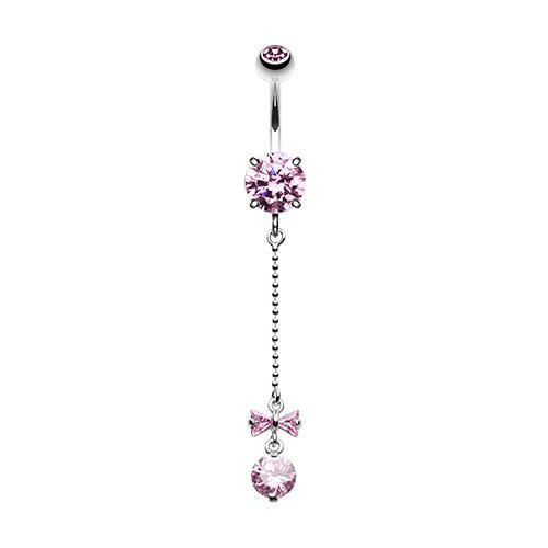 Dainty Bow and Gem Droplet Cubic Zirconia Belly Button Ring Navel Ring Impulse Piercings Pink