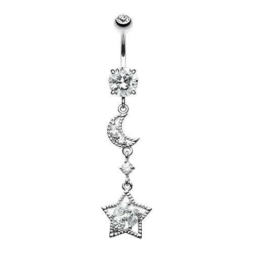 Dainty Crescent Moon and Star Cubic Zirconia Belly Button Ring Navel Ring Impulse Piercings