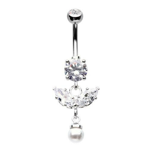 Dainty Leaf Pearl Drop Cubic Zirconia Belly Button Ring Navel Ring Impulse Piercings