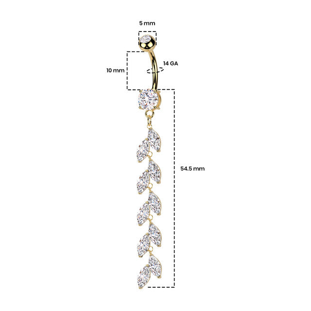 Surgical Steel Double Jeweled Belly Button Ring With Vertical Drop Marquise CZ Petals Navel Rings Skin Metals