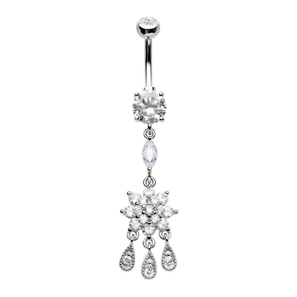 Dangling Flower CZ Drop Cubic Zirconia Belly Button Ring Belly Button Ring Impulse Piercings 14 gauge (10mm)