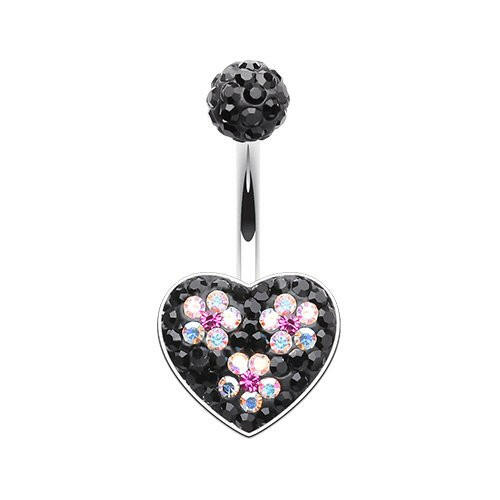 Dark Blossom Heart Crystal Multi-Sprinkle Dot Belly Button Ring Navel Ring Impulse Piercings Black/Aurora Borealis