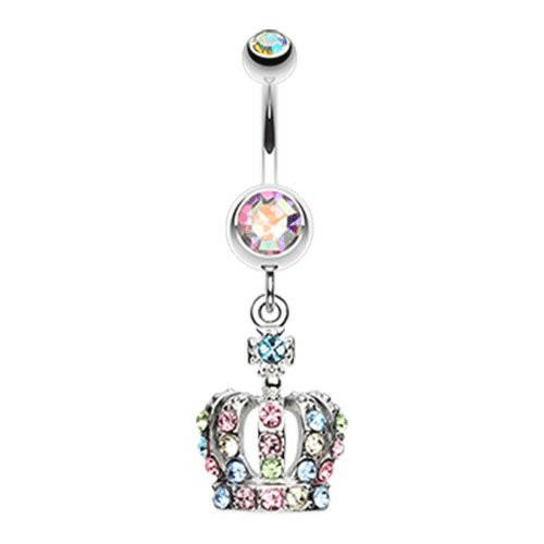 Dazzling Royal Crown Belly Button Ring Navel Ring Impulse Piercings Aurora Borealis/Rainbow