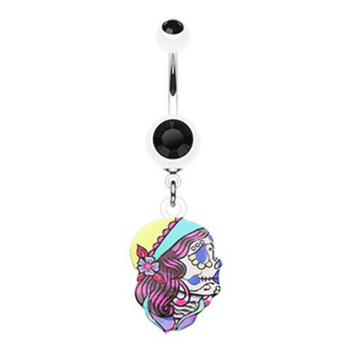 Dia De Los Muertos Retro Skull Belly Button Ring Navel Ring Impulse Piercings White