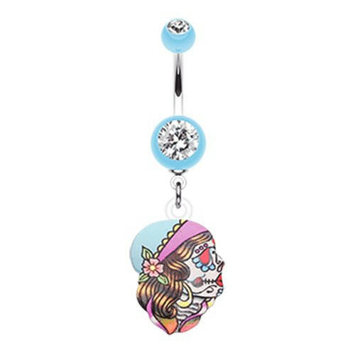 Dia De Los Muertos Retro Skull Belly Button Ring Navel Ring Impulse Piercings Light Blue