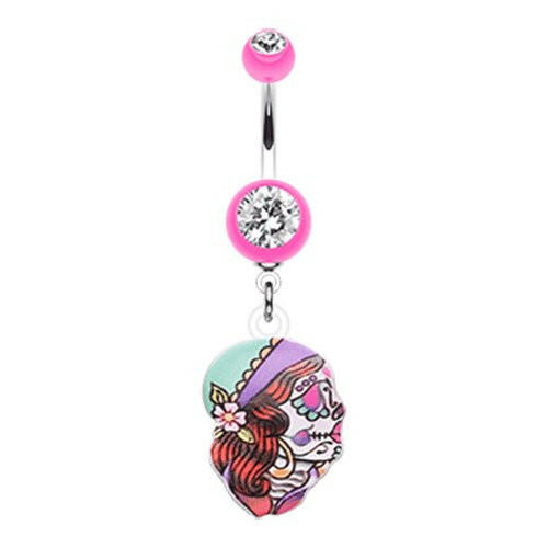 Dia De Los Muertos Retro Skull Belly Button Ring Navel Ring Impulse Piercings Pink