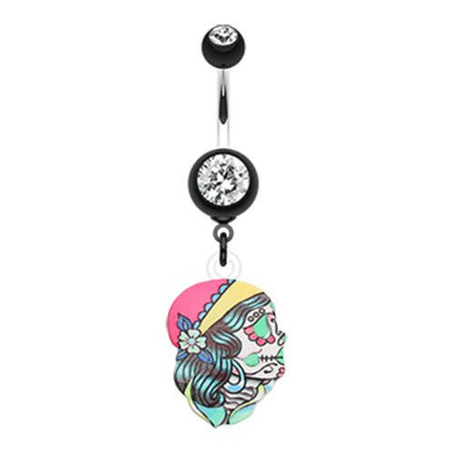 Dia De Los Muertos Retro Skull Belly Button Ring Navel Ring Impulse Piercings Black