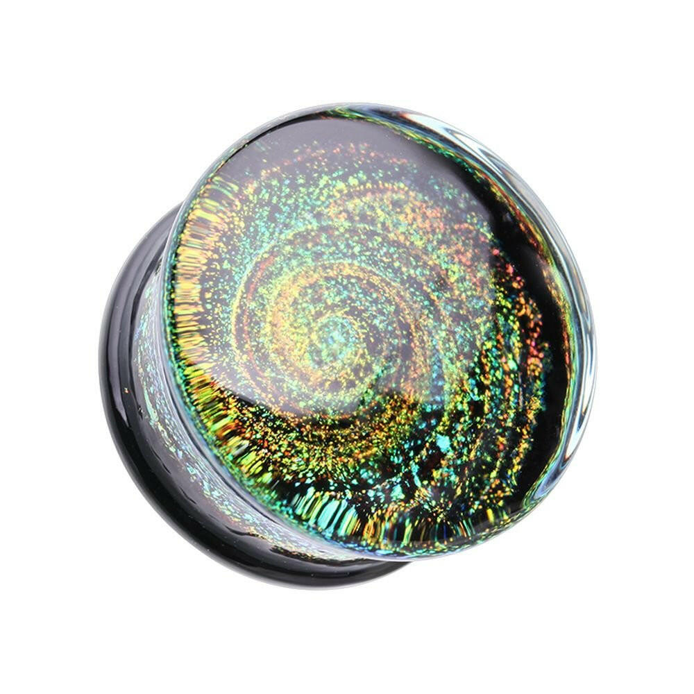 Dichroic Glass Galaxy Iridescent Double Flared Plug Earrings Plug Earrings Impulse Piercings 2 GA (6.5mm) Black/Rainbow