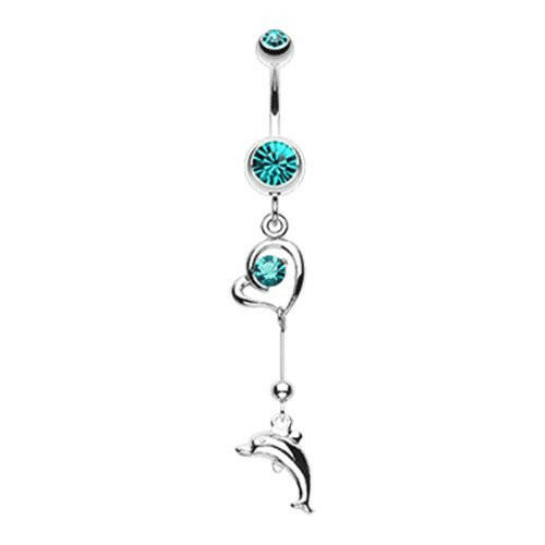 Dolphin Love Sparkle Belly Button Ring Navel Ring Impulse Piercings Teal