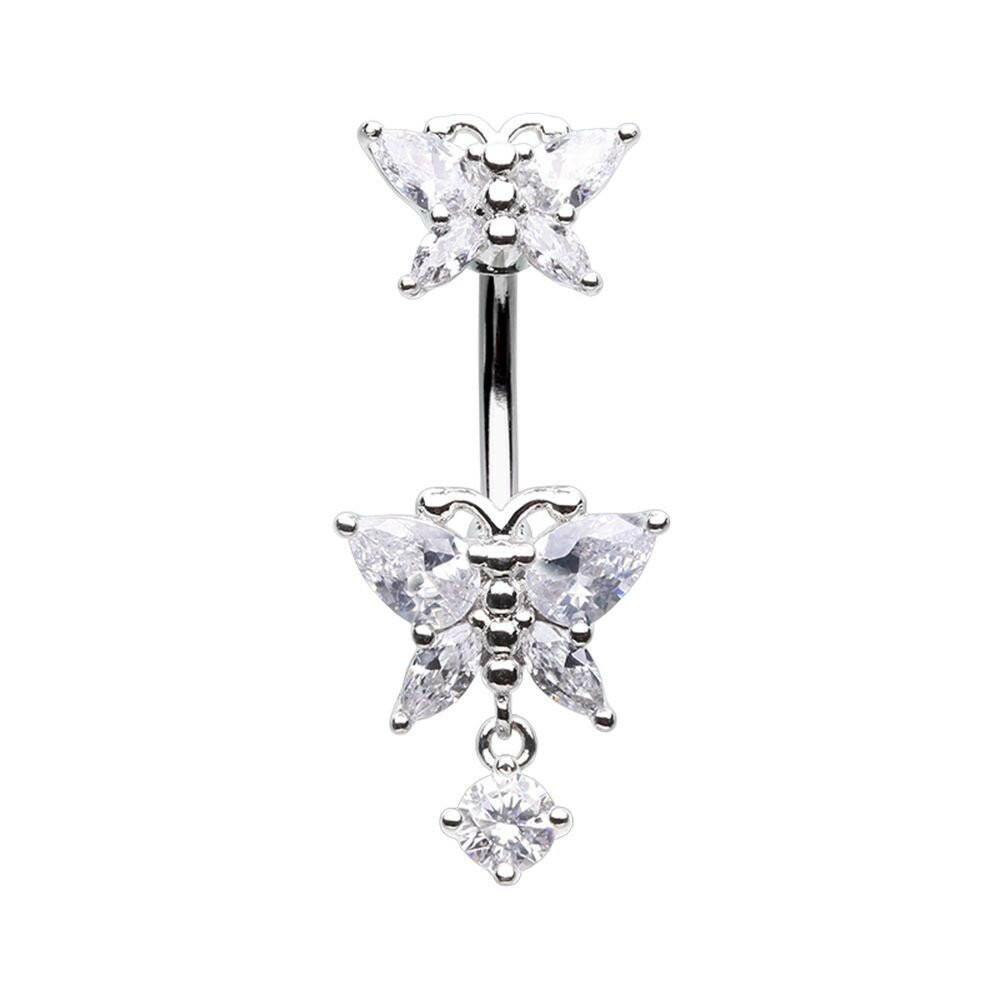 Double Butterfly Dangle Drop Cubic Zirconia Belly Button Ring Navel Ring Impulse Piercings