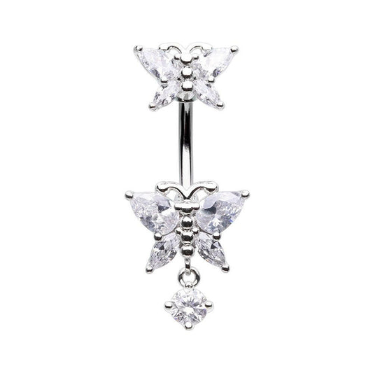 Double Butterfly Dangle Drop Cubic Zirconia Belly Button Ring Navel Ring Impulse Piercings