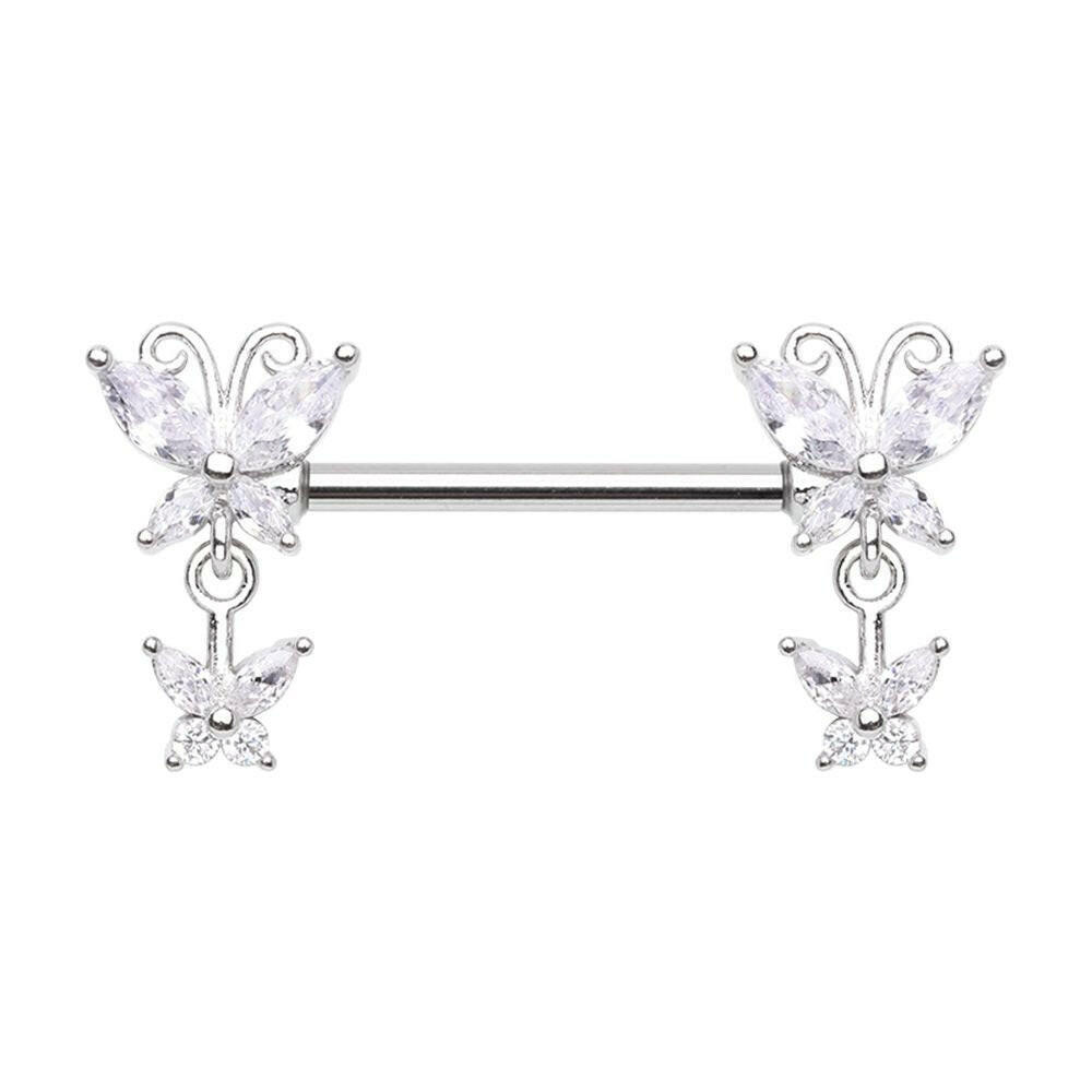 Double Butterfly Dangle Nipple Barbell Ring Nipple Ring Impulse Piercings 14 GA Length (16mm)