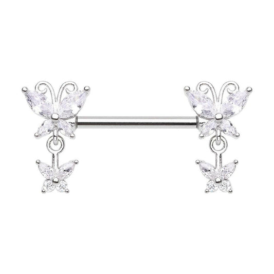 Double Butterfly Dangle Nipple Barbell Ring Nipple Ring Impulse Piercings 14 GA Length (16mm)