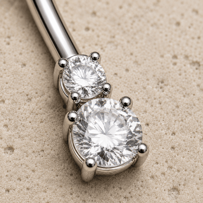 Double CZ Prong Set Navel Ring 14G 316L Stainless Steel - Skin Metals