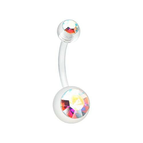 Double Gem Bio Flexible Shaft Acrylic Ball Belly Button Ring Navel Ring Impulse Piercings Clear/Aurora Borealis