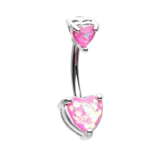 Double Heart Opal Sparkle Prong Set Belly Button Ring Pink Navel Ring Impulse Piercings Pink