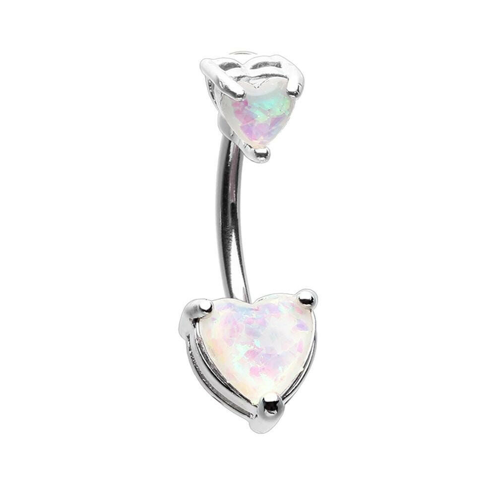 Double Heart Opal Sparkle Prong Set Belly Button Ring Pink Navel Ring Impulse Piercings White