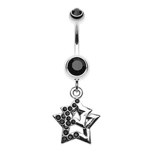 Double Hollow Star Gem Dangle Belly Button Ring Navel Ring Impulse Piercings Black