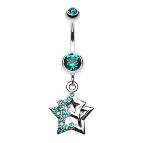 Double Hollow Star Gem Dangle Belly Button Ring Navel Ring Impulse Piercings Teal