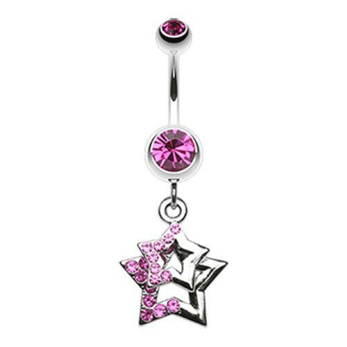 Double Hollow Star Gem Dangle Belly Button Ring Navel Ring Impulse Piercings Fuchsia