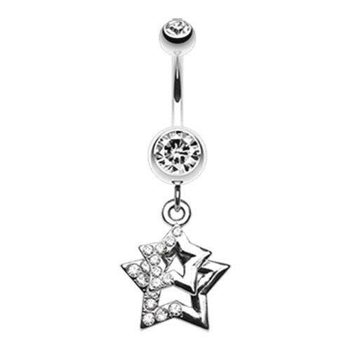 Double Hollow Star Gem Dangle Belly Button Ring Navel Ring Impulse Piercings Clear