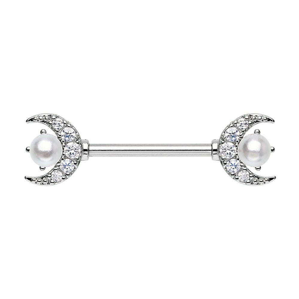 Double Moon Pearl Nipple Barbell Ring Nipple Ring Impulse Piercings 14 GA Length (16mm)