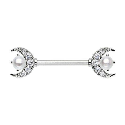 Double Moon Pearl Nipple Barbell Ring Nipple Ring Impulse Piercings 14 GA Length (16mm)