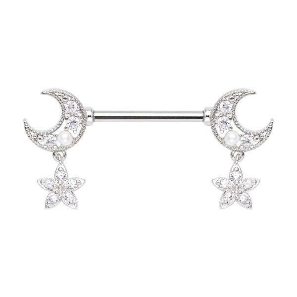 Double Moon Twinkle Star Dangle Nipple Barbell Ring Nipple Ring Impulse Piercings