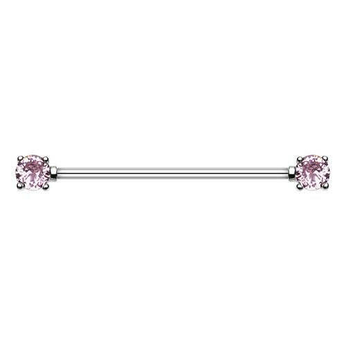 Double Prong Cubic Zirconia Gem Industrial Barbell Industrial Barbell Impulse Piercings Pink