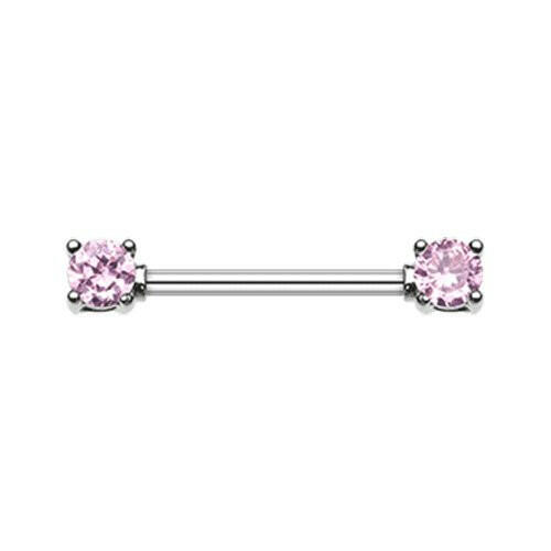 Double Prong Cubic Zirconia Gem Nipple Barbell Ring Nipple Ring Impulse Piercings 14 GA (1.6mm) Pink