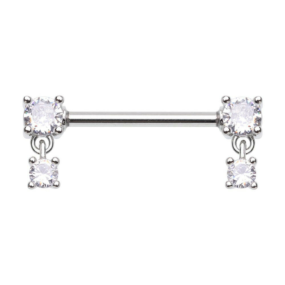 Double Prong Dangle Cubic Zirconia Gem Nipple Barbell Ring Nipple Ring Impulse Piercings 14 GA Length (16mm)