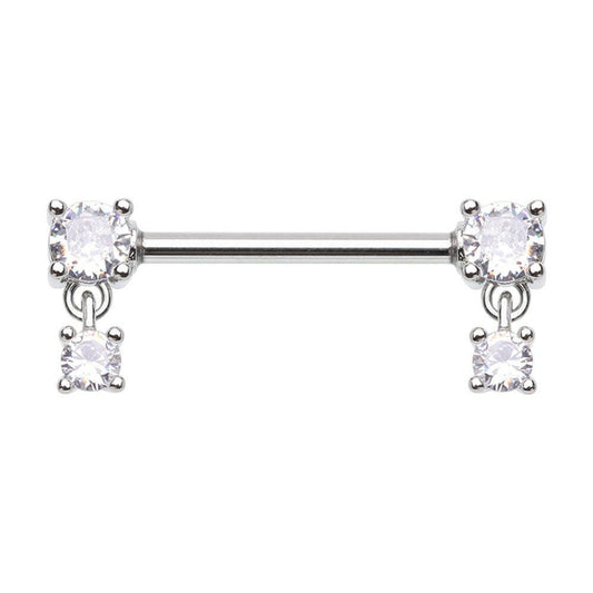 Double Prong Dangle Cubic Zirconia Gem Nipple Barbell Ring Nipple Ring Impulse Piercings 14 GA Length (16mm)