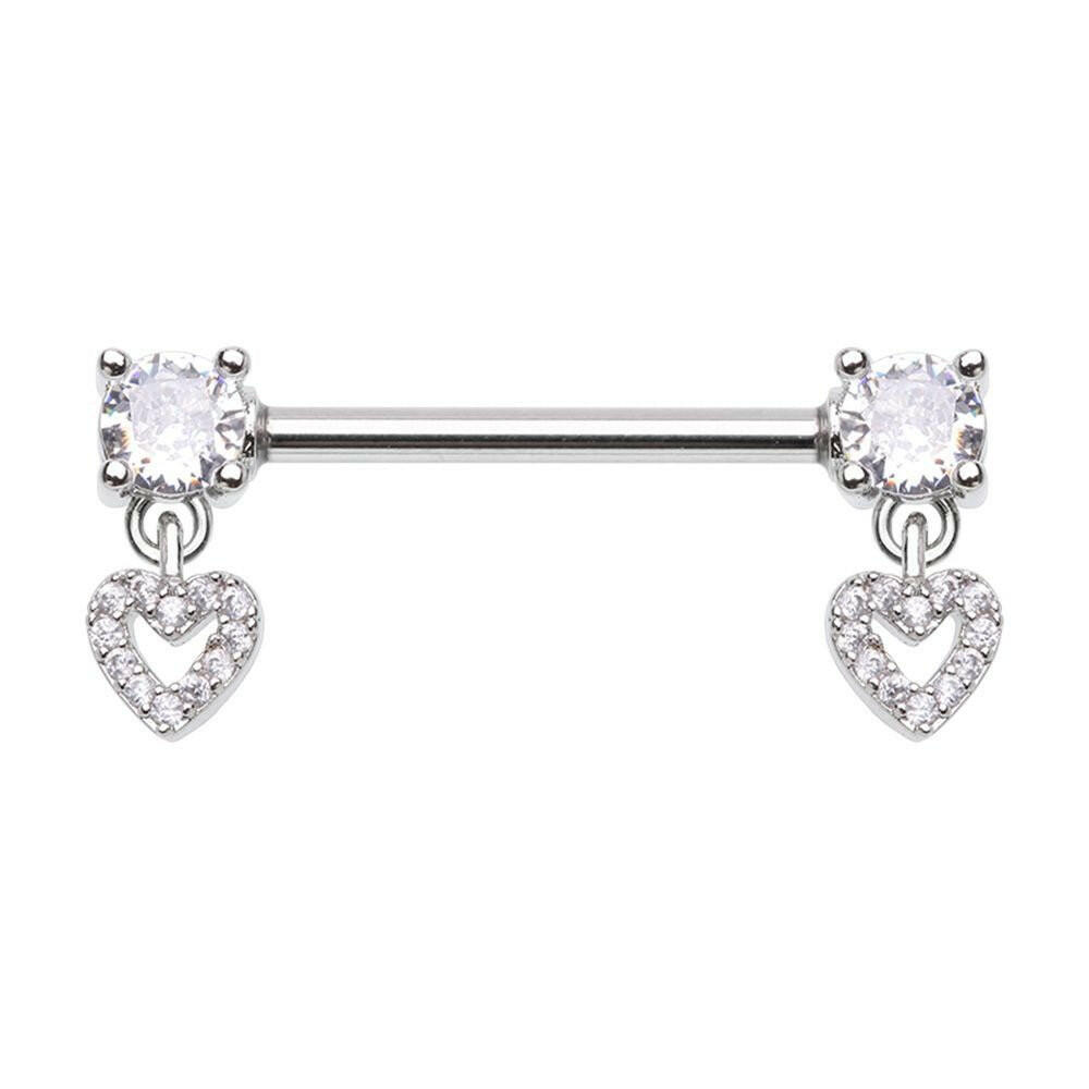 Double Prong Heart Dangle Cubic Zirconia Gem Nipple Barbell Ring Nipple Ring Impulse Piercings 14 GA Length (16mm)