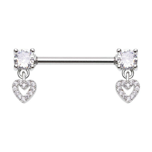 Double Prong Heart Dangle Cubic Zirconia Gem Nipple Barbell Ring Nipple Ring Impulse Piercings 14 GA Length (16mm)