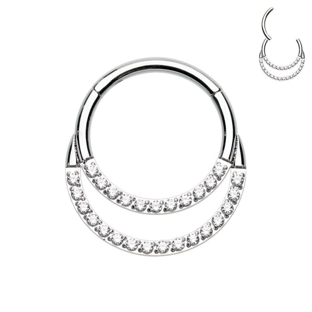 Double Row Front Facing Multi Gem Steel Seamless Hinged Clicker Ring Septum Ring Impulse Piercings 16 GA (1.2mm) 5/16" (8mm) Clear