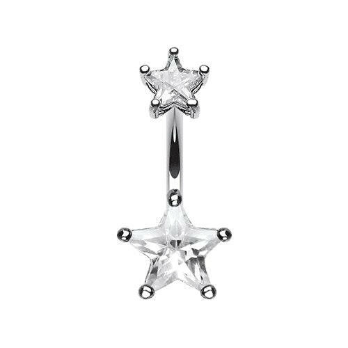 Double Star Cubic Zirconia Gem Prong Sparkle Belly Button Ring Navel Ring Impulse Piercings Clear