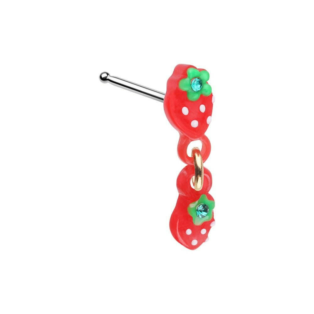 Double Strawberry Dangle Nose Stud Ring Nose Ring Impulse Piercings 20 GA Length (7mm)