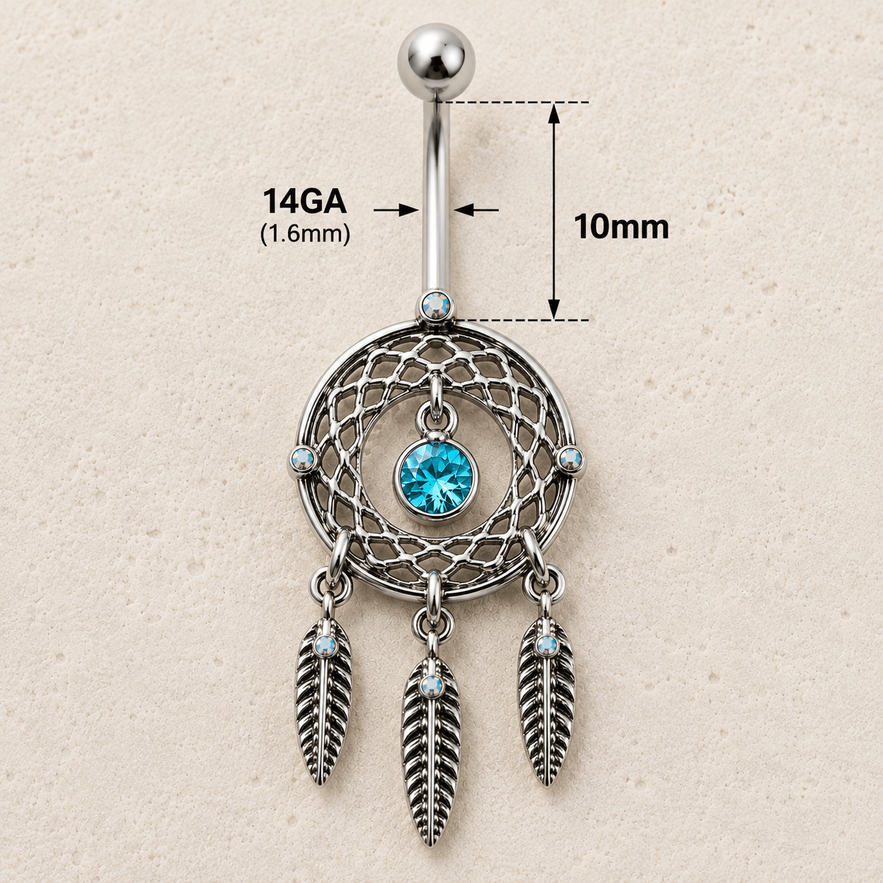 Dream catcher navel ring size chart, 14GA 1.6mm thickness 10mm length 23x42mm dangle measurements