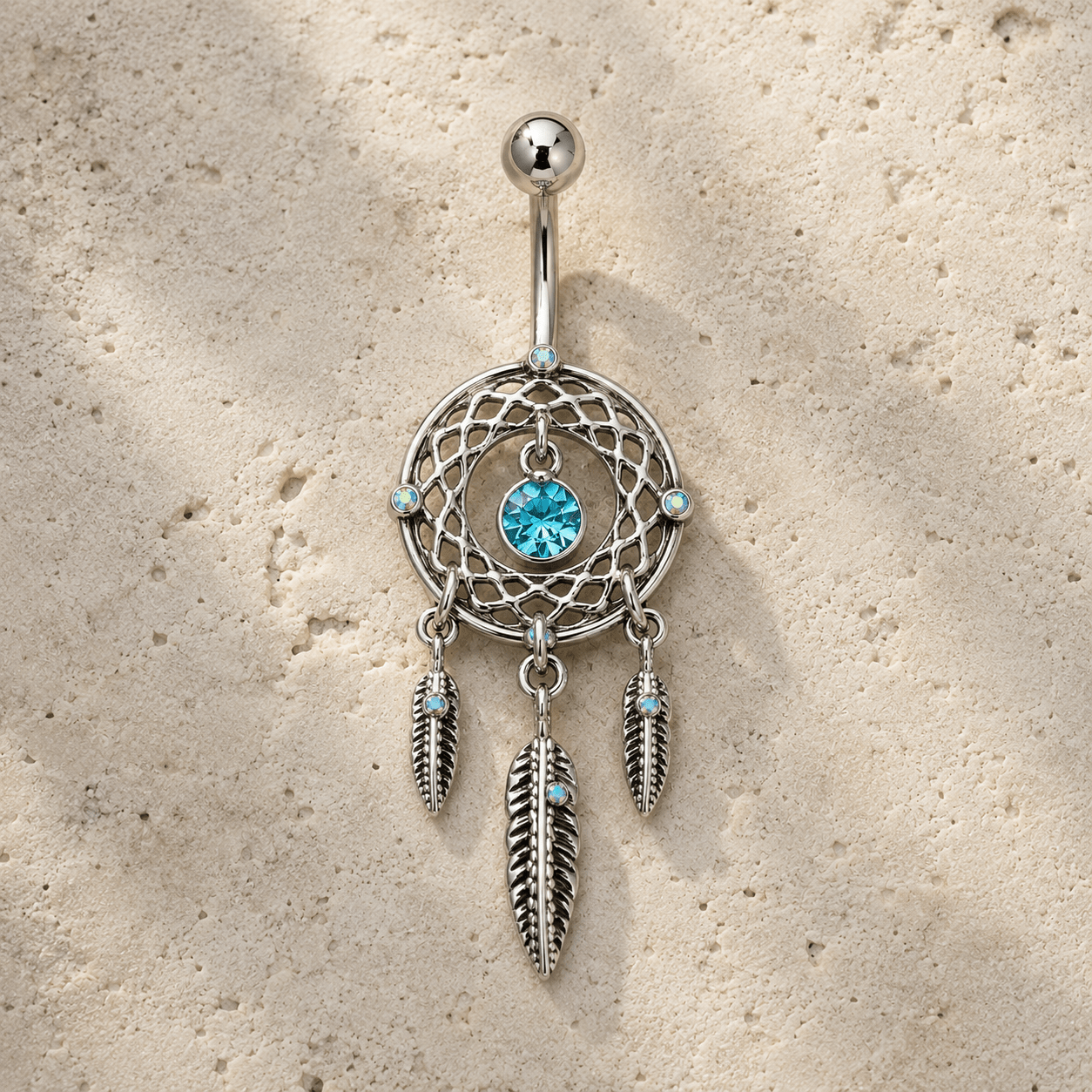 Dream catcher navel ring 14G, aqua CZ feathers mirror finish 316L stainless steel belly ring