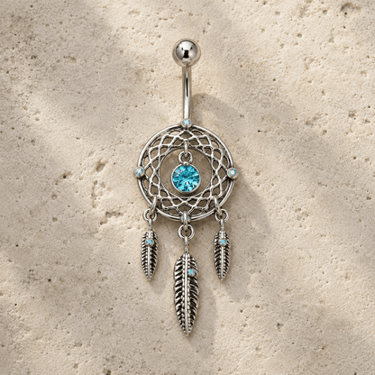 Dream catcher navel ring 14G, aqua CZ feathers mirror finish 316L stainless steel belly ring