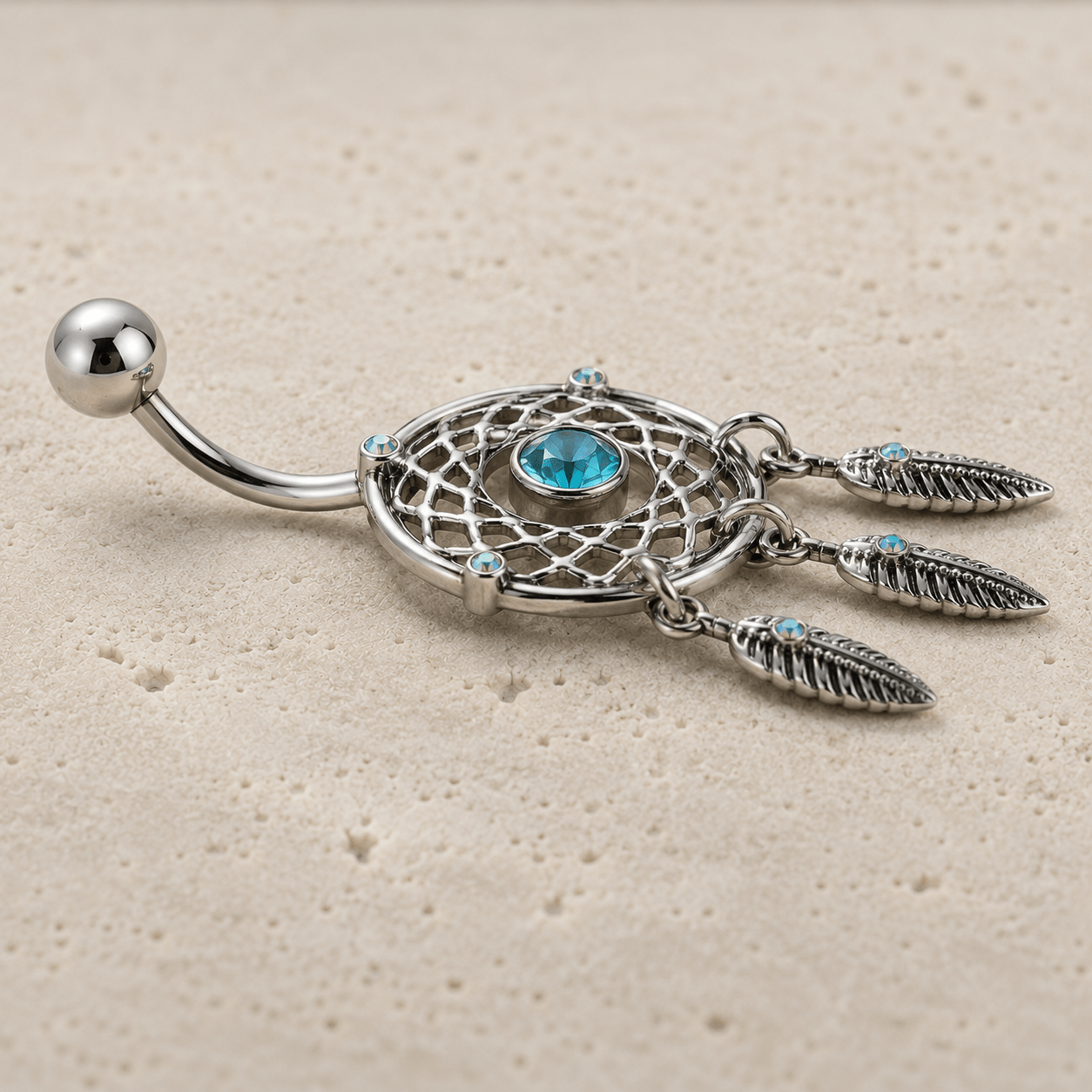 Side view of dream catcher navel ring, 14G mirror finish 316L stainless steel 23x42mm dangle