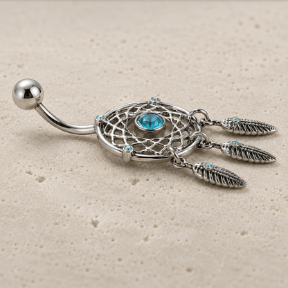 Side view of dream catcher navel ring, 14G mirror finish 316L stainless steel 23x42mm dangle