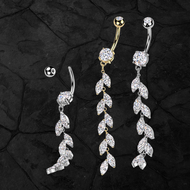 Surgical Steel Double Jeweled Belly Button Ring With Vertical Drop Marquise CZ Petals Navel Rings Skin Metals
