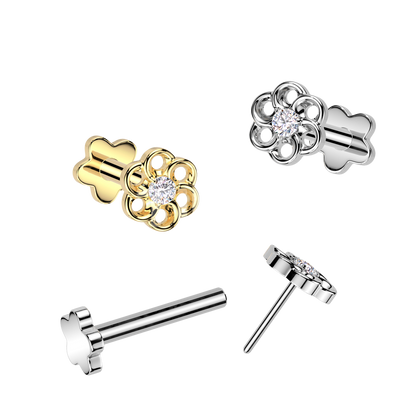Implant Grade Titanium Threadless Push In Flower Base Flat Back Stud With Small Hollow Swirl Flower CZ Center Top Stud Skin Metals