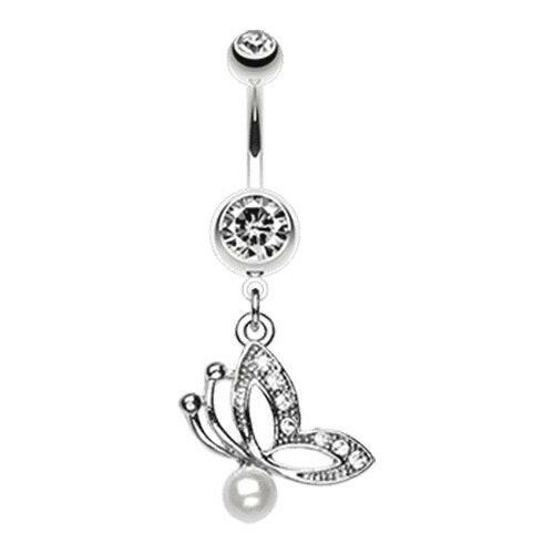 Elegant Butterfly Pearl Belly Button Ring Navel Ring Impulse Piercings Clear