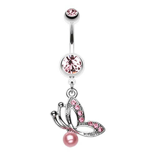 Elegant Butterfly Pearl Belly Button Ring Navel Ring Impulse Piercings Light Pink