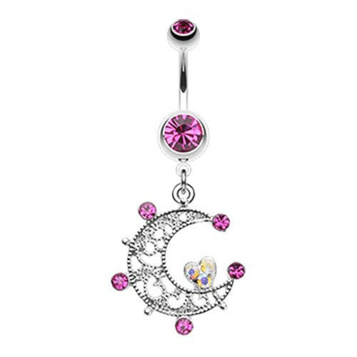 Elegant Sparkle Moon Belly Button Ring Navel Ring Impulse Piercings Fuchsia