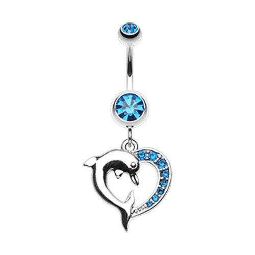 Enchanting Heart Dolphin Belly Button Ring Navel Ring Impulse Piercings Capri Blue